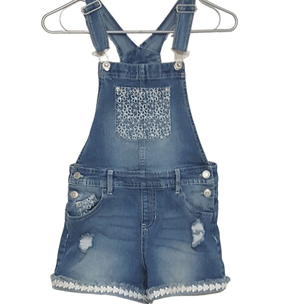 Jordache Girls Denim Bib Overall Shorts Size L 10/12 Distressed Raw Hem Blue